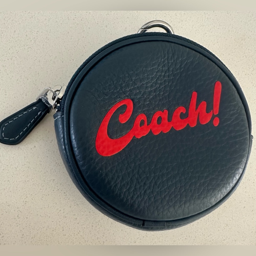 Coach leather key chain and coin wallet-dark blue- round- zipper- New With Tag